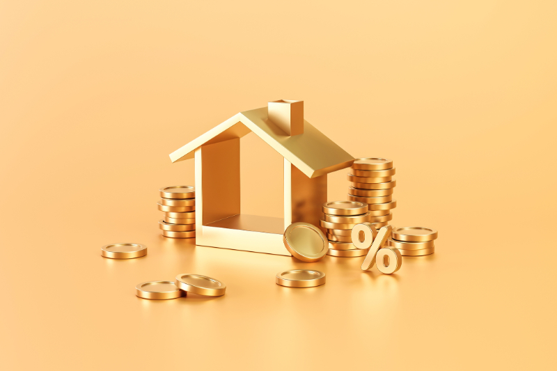 gold house and coins with percent sign